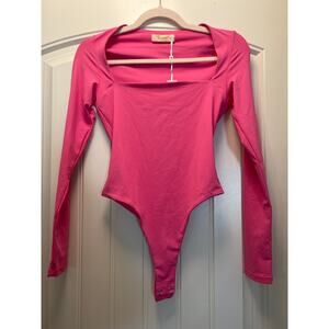 NWT Qinsen Women’s Sexy Square Neck‎ Long Sleeve One-Piece Bodysuit Size S Pink